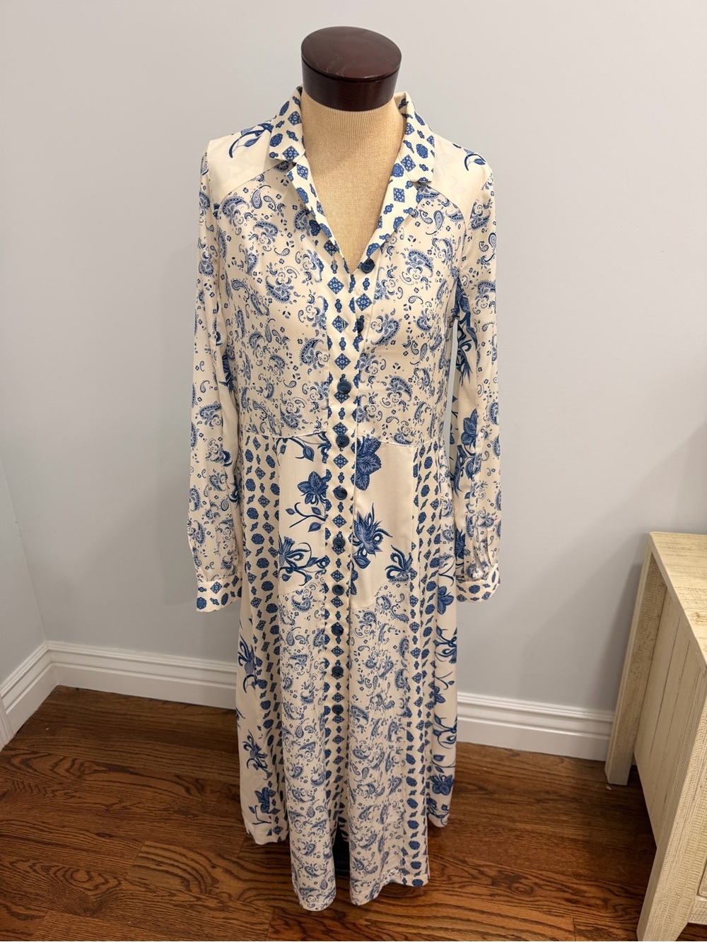 Cream and Blue Floral Maxi Shirt Dress with Collar